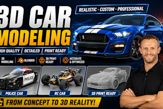 do 3d car modeling, 3d car, police car, rc car, blender car for 3d printing