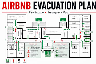 design airbnb evecuation plan, fire escape floor plan and emergency escape map