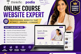 build or migrate podia or thinkific online course website, design sales funnel