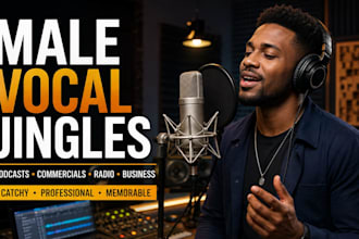 create male vocal jingle, for podcast, commercial business radio intro and outro