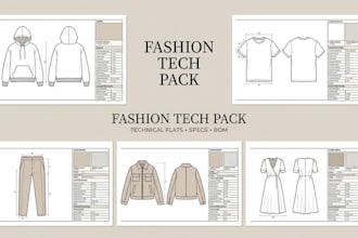 create fashion tech pack, clothing tech pack, technical flats and garment specs