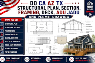 do ca az tx structural plan, section, framing, deck, adu jadu and permit drawing