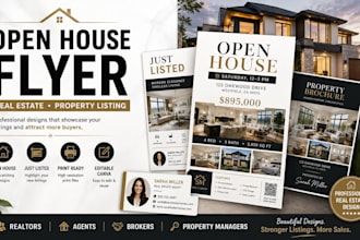 design realtor open house flyer, real estate brochure and property listing sheet