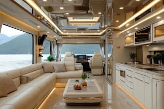 design luxury motorhome caravan, camper van food truck mobile shop, rv bus in 3d