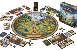 design board game, card game, tabletop game, cards, box and rulebook