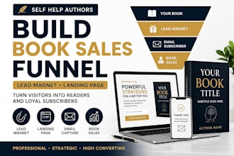 build kajabi self help book sales funnel, landing page, social media marketing