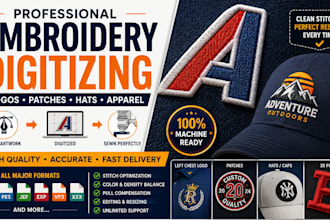 do quick embroidery digitalizing image, logo digitalize in dst, pes, emb, jef