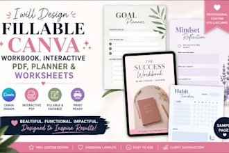design fillable canva workbook, interactive PDF, planner and worksheets