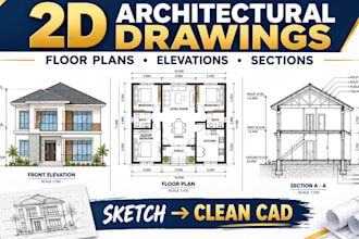draft 2d architectural floor plans, section and elevation in autocad