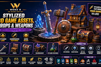 create stylized 3d game assets, props and weapons with handpainted textur