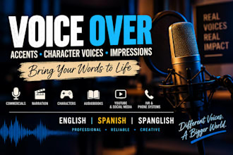 do professional voice overs, accents, and character voices