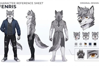 create custom furry fursona reference sheet, anthro oc and character design