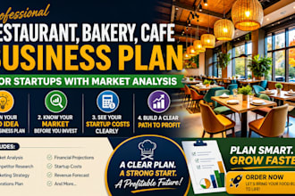 write restaurant, bakery, cafe, business plan for startups with market analysis