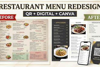 design a restaurant menu, digital menu and qr code menu in canva