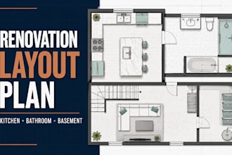 do kitchen, bathroom, basement renovation layout plan, cad 2d floor plan
