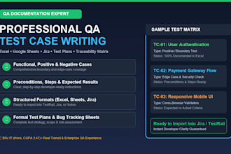 write professional QA test cases and test suites in excel or jira