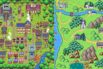 do pixel art tileset, tile map, pixel background pixel art character 2d game art