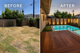design your backyard pool, landscape, patio, pergola and outdoor living space