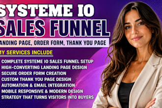 create complete systeme io sales funnel landing page, order form thank you page