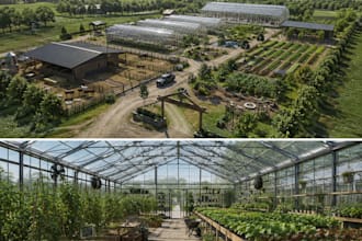 design 3d greenhouse, farm layout, livestock, and garden with realistic renders