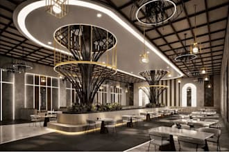 develop modern biophilic restaurant interior,hospitality space render,bar design