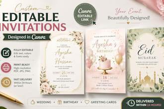 design an editable wedding invitation, birthday invitation in 24 hours