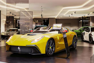 design a realistic 3d car showroom, automobile dealership and auto center