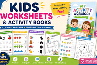 design custom kids worksheets, kdp workbook and kid activity books for preschool