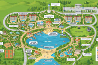 design a custom tourism, tourist attraction, resort and illustrated map