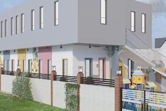 upscale 3d playschool facade, children play area,outdoor playground,revit render