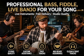 record professional bass guitar, fiddle, live banjo track for your song