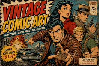 draw vintage comic illustration, comic book cover and graphic novel art, artist