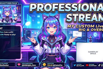design anime twitch background, custom live2d vtuber model and stream overlay