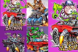 create design rat fink style cartoon car style thirsts illustrations