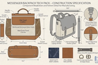 create detailed bag tech pack with specs for fashion brands and manufacturers