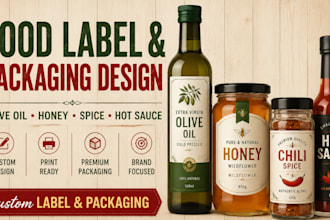 design olive oil label, honey jar, spice packaging and hot sauce bottle artwork