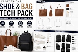 create shoe and bag tech pack, footwear, tote bag, backpack, handbag tech pack