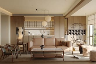 create realistic 3d japandi wabi sabi zen interior rendering design