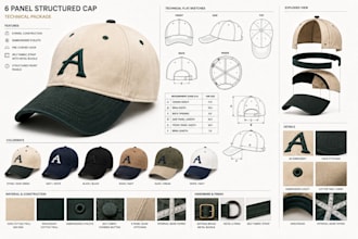 design cap tech pack, hat tech pack, technical drawings and production files