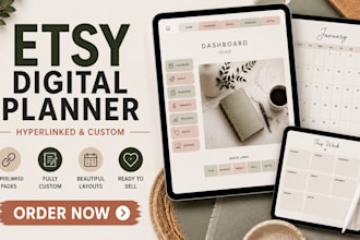 design etsy digital planner, hyperlinked planner and digital journal