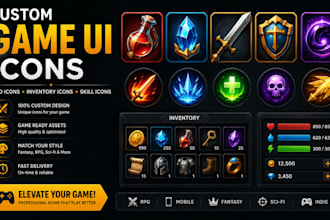 design custom game UI icons, hud, sprites, map, inventory and rpg skill icons