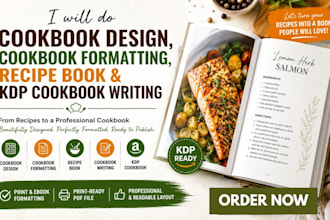 do cookbook design, cookbook formatting, recipe book and KDP cookbook writing