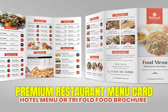 design a premium restaurant menu card, hotel menu or tri fold food brochure