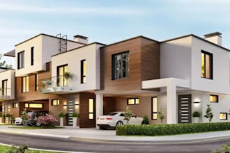 redesign modern house exterior facade, renovation and photorealistic 3d render