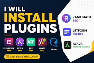 install elementor pro, astra pro, acf pro, yoast, wpml, rank math, jetform,avada