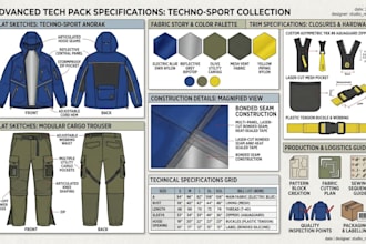create clothing tech pack, fashion tech pack with flat sketch and bom specs