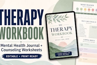 design therapy workbook, mental health journal and counseling worksheets