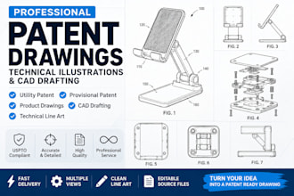 draw 2d product patent, provisional patent drawings,cad drafting, utility patent
