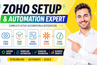setup zoho crm, zoho one, books, bigin, flow automation and integration