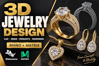 create 3d jewelry design, jewelry cad modeling, ring, pendant design and render